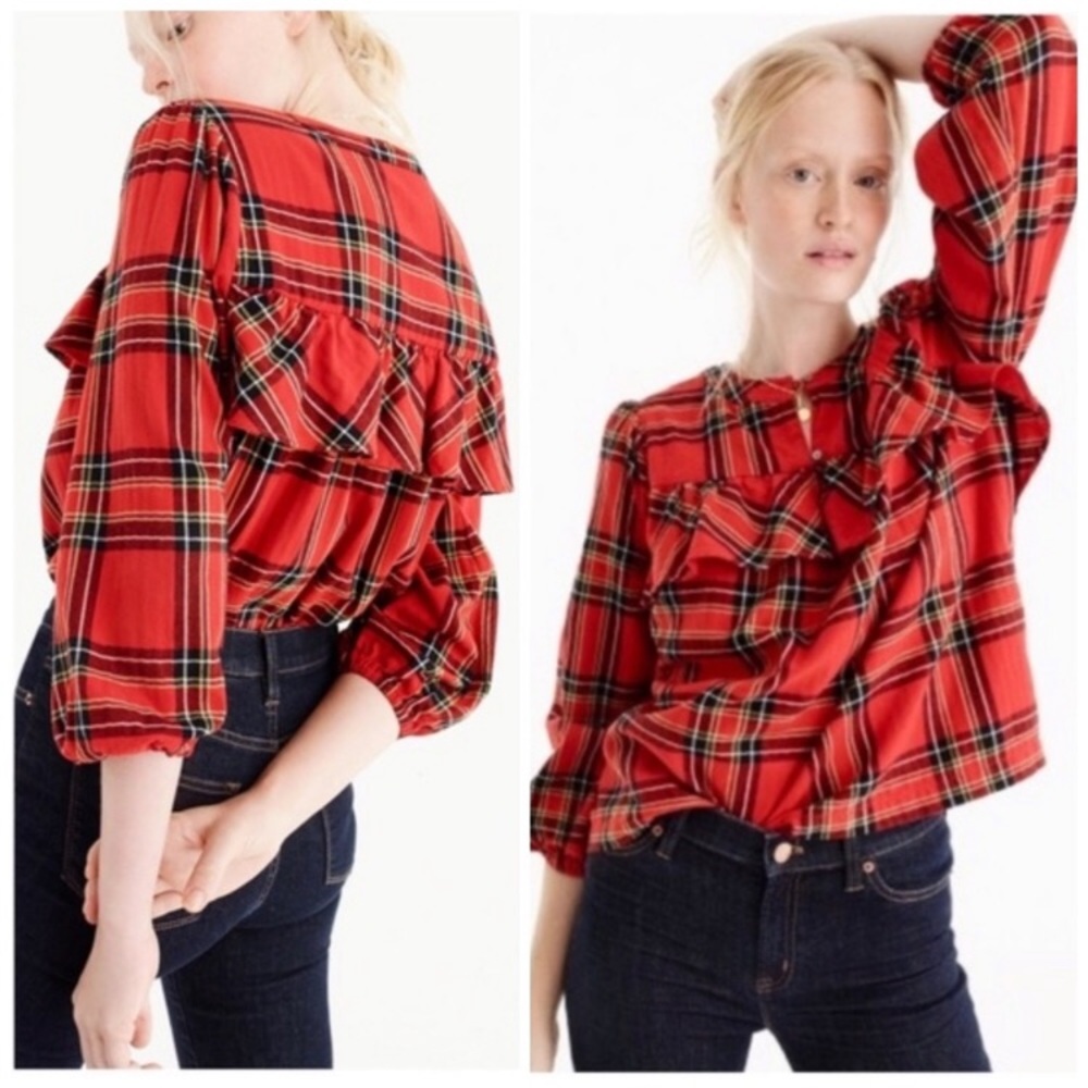 J. Crew Tall Plaid Ruffled Flannel Top